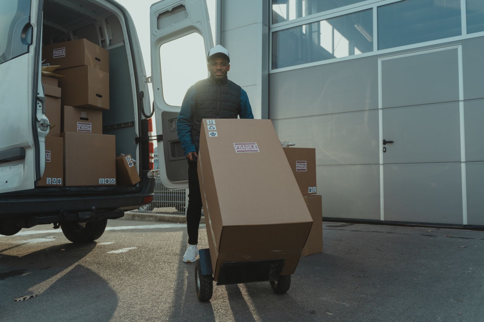 Embalaje, un encargado de almacén bajando cajas de cartón que protegen la mercancía de una empresa.